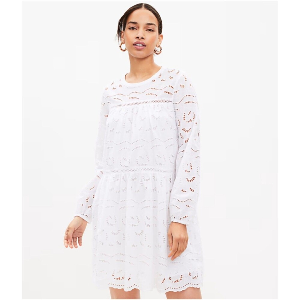 NEW! Women's LOFT Eyelet Long Sleeve Mini Tiered Swing Dress, White XS - Picture 1 of 12